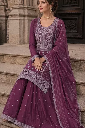wine embroidered silk blend salwar suit