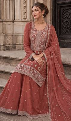 peach embroidered silk blend salwar suit 2