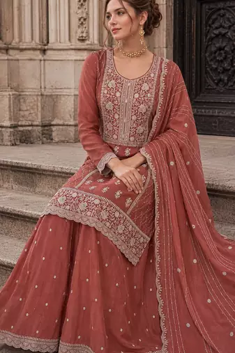 peach embroidered silk blend salwar suit