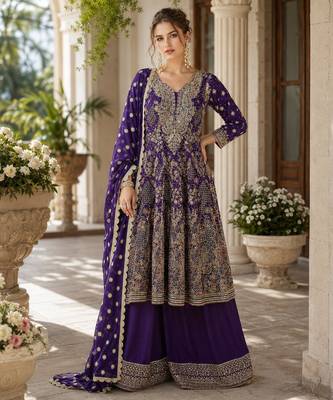 navy blue sequins georgette anarkali salwar suit - free size 1