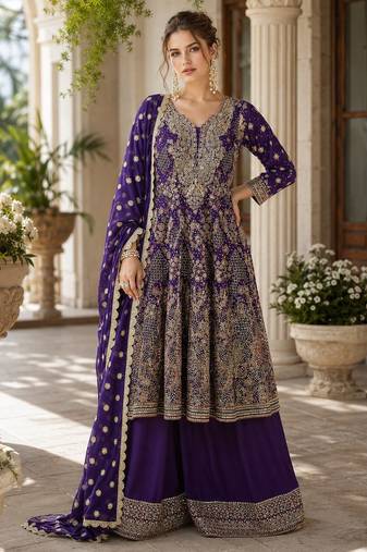 navy blue sequins georgette anarkali salwar suit - free size