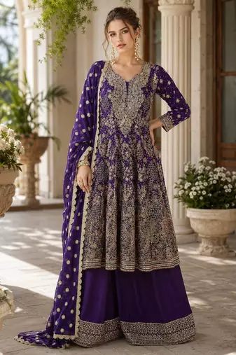 navy blue sequins georgette anarkali salwar suit - free size
