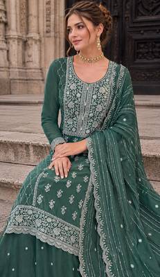 green embroidered silk blend salwar suit 2
