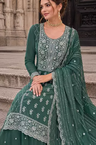green embroidered silk blend salwar suit