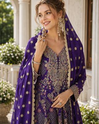 navy blue sequins georgette anarkali salwar suit - free size 2