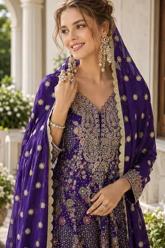 navy blue sequins georgette anarkali salwar suit - free size