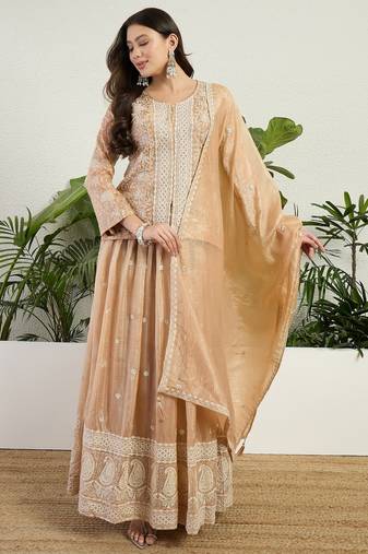 Saahmriga Brown Organza Stitched Top With lehenga and Dupatta Full Sleeve Embroidered Lehenga Set