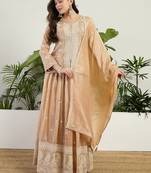Saahmriga Brown Organza Stitched Top With lehenga and Dupatta Full Sleeve Embroidered Lehenga Set