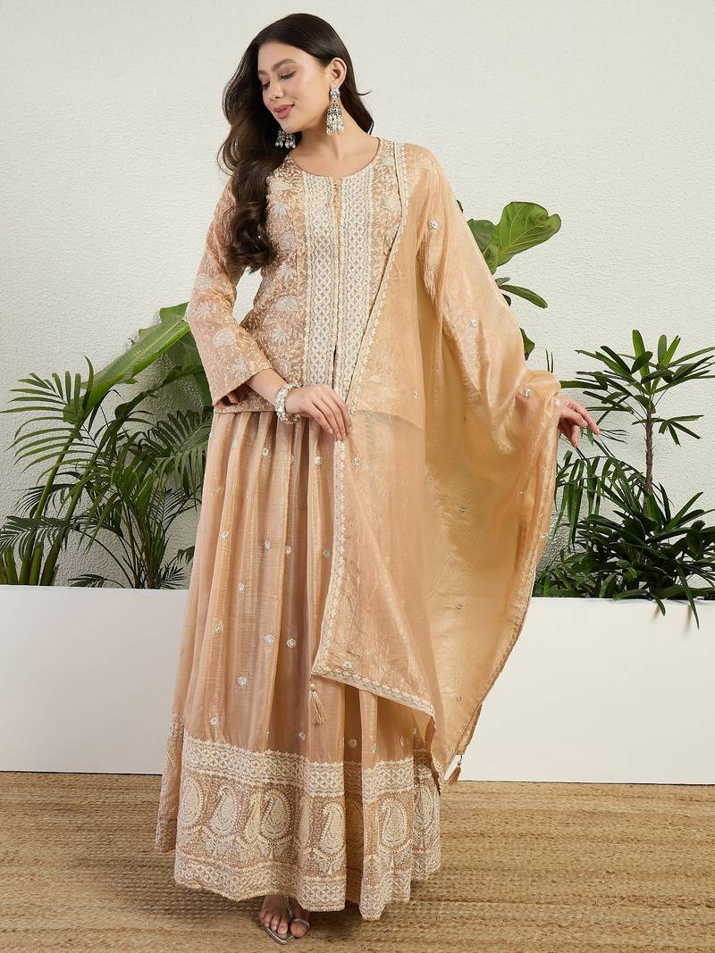 Saahmriga Brown Organza Stitched Top With lehenga and Dupatta Full Sleeve Embroidered Lehenga Set