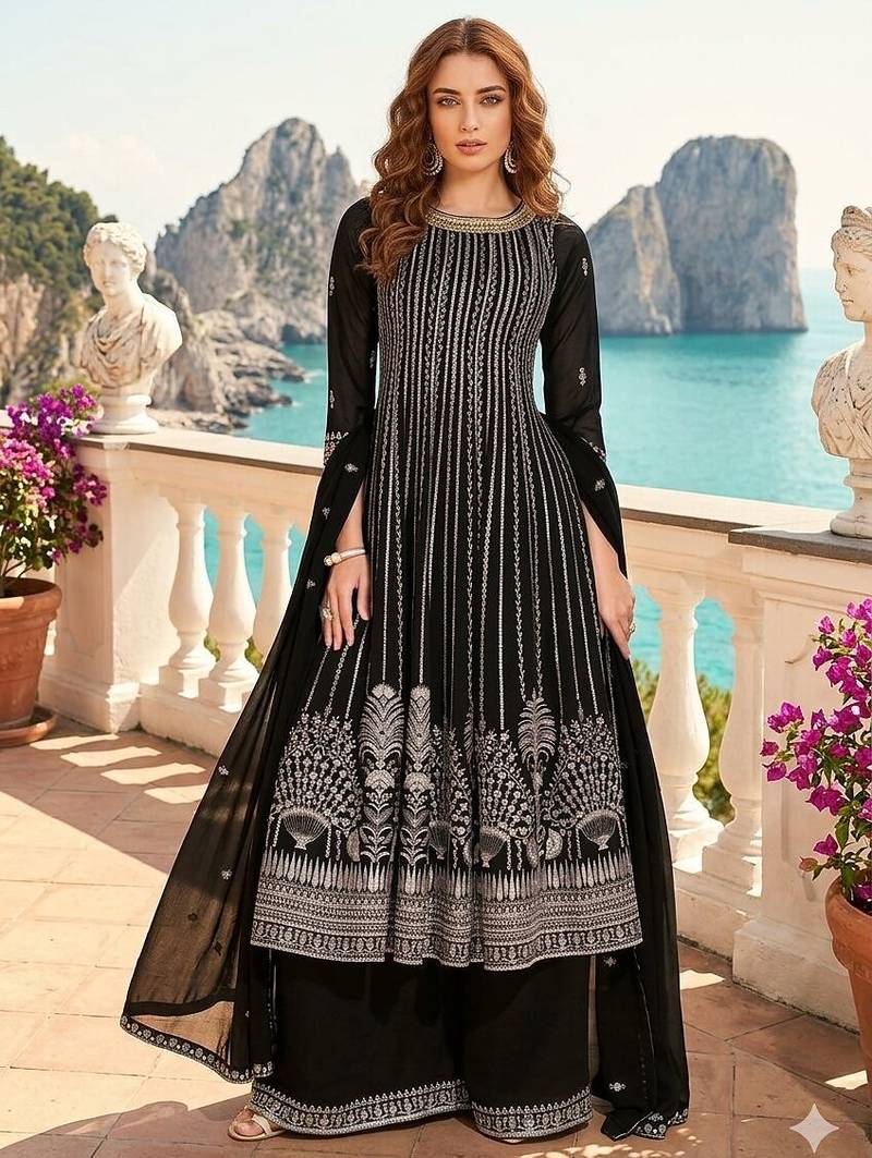 black embroidered georgette anarkali salwar suit - free size