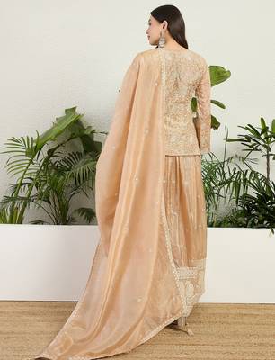 Saahmriga Brown Organza Stitched Top With lehenga and Dupatta Full Sleeve Embroidered Lehenga Set 2