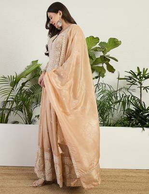 Saahmriga Brown Organza Stitched Top With lehenga and Dupatta Full Sleeve Embroidered Lehenga Set 3