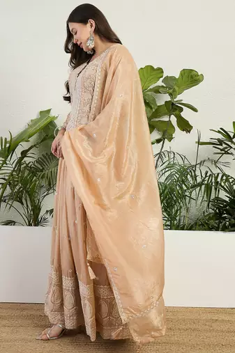 Saahmriga Brown Organza Stitched Top With lehenga and Dupatta Full Sleeve Embroidered Lehenga Set