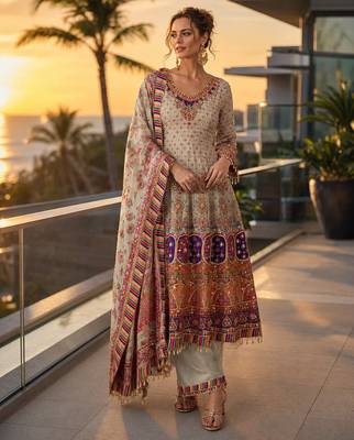 beige digital print crepe crepe salwar suit - free size 1