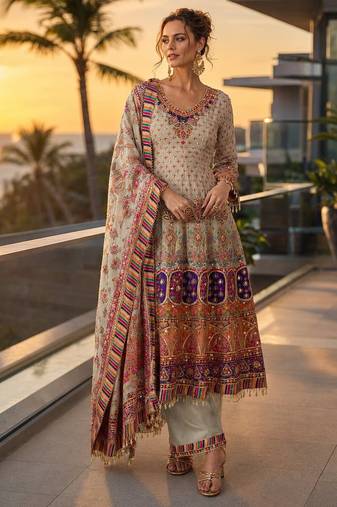 beige digital print crepe crepe salwar suit - free size