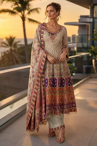 beige digital print crepe crepe salwar suit - free size
