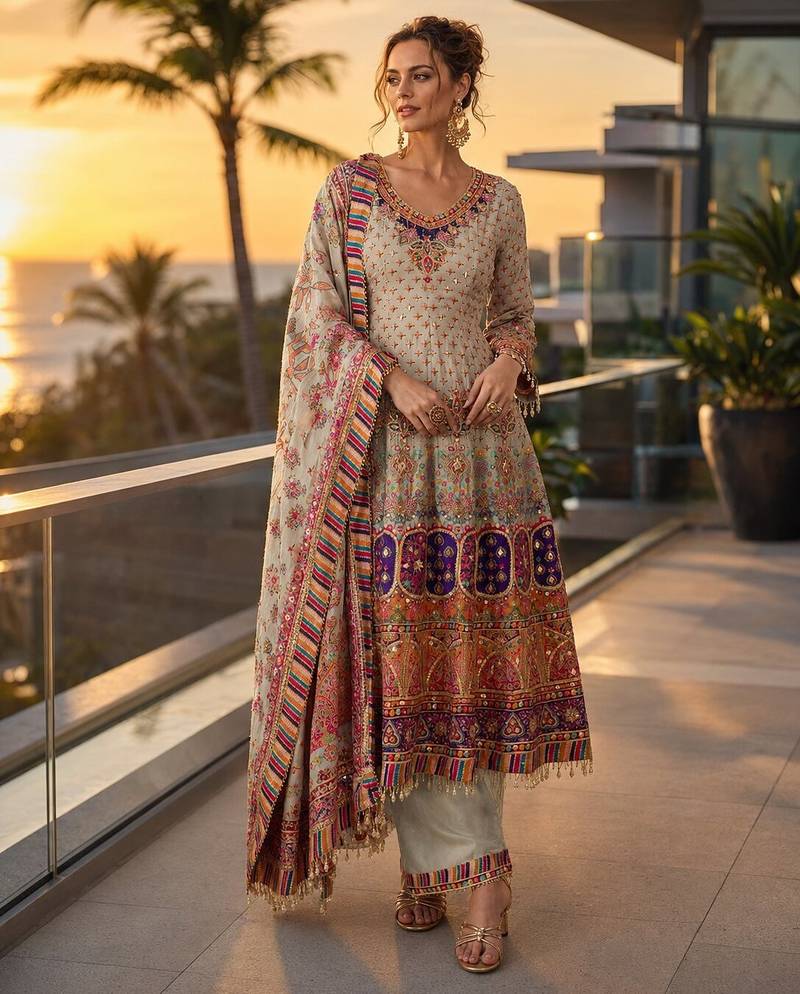 beige digital print crepe crepe salwar suit - free size