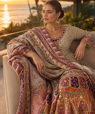beige digital print crepe crepe salwar suit - free size 2