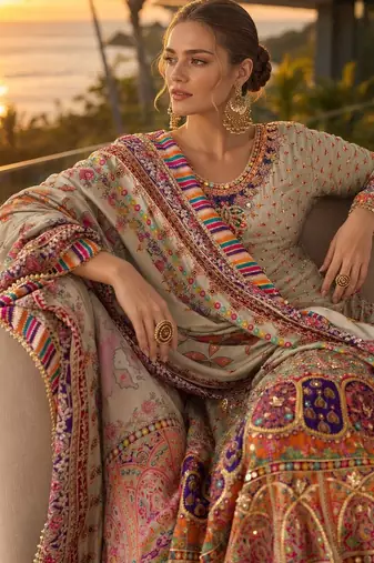 beige digital print crepe crepe salwar suit - free size
