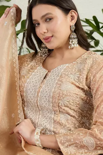 Saahmriga Brown Organza Stitched Top With lehenga and Dupatta Full Sleeve Embroidered Lehenga Set