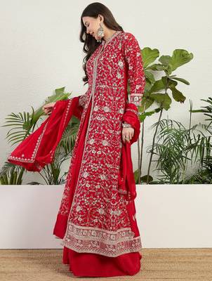 Saahmriga Red Chinon Stitched Top With lehenga and Dupatta 3/4 Sleeve Embroidered Lehenga Set 1