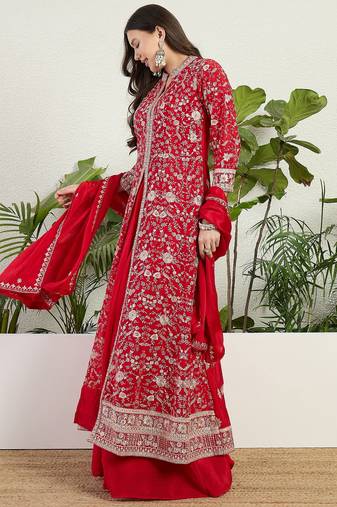 Saahmriga Red Chinon Stitched Top With lehenga and Dupatta 3/4 Sleeve Embroidered Lehenga Set