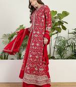 Saahmriga Red Chinon Stitched Top With lehenga and Dupatta 3/4 Sleeve Embroidered Lehenga Set
