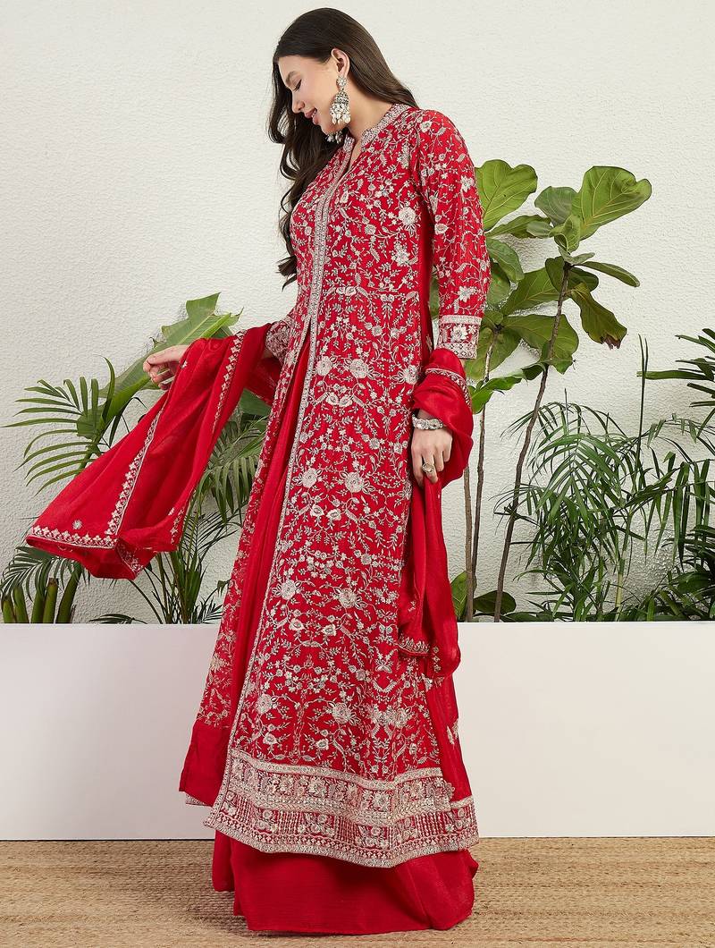 Saahmriga Red Chinon Stitched Top With lehenga and Dupatta 3/4 Sleeve Embroidered Lehenga Set