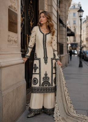beige embroidered silk blend salwar suit - free size 1
