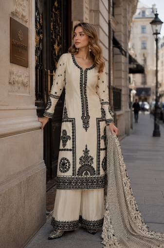 beige embroidered silk blend salwar suit - free size