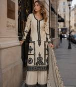beige embroidered silk blend salwar suit - free size