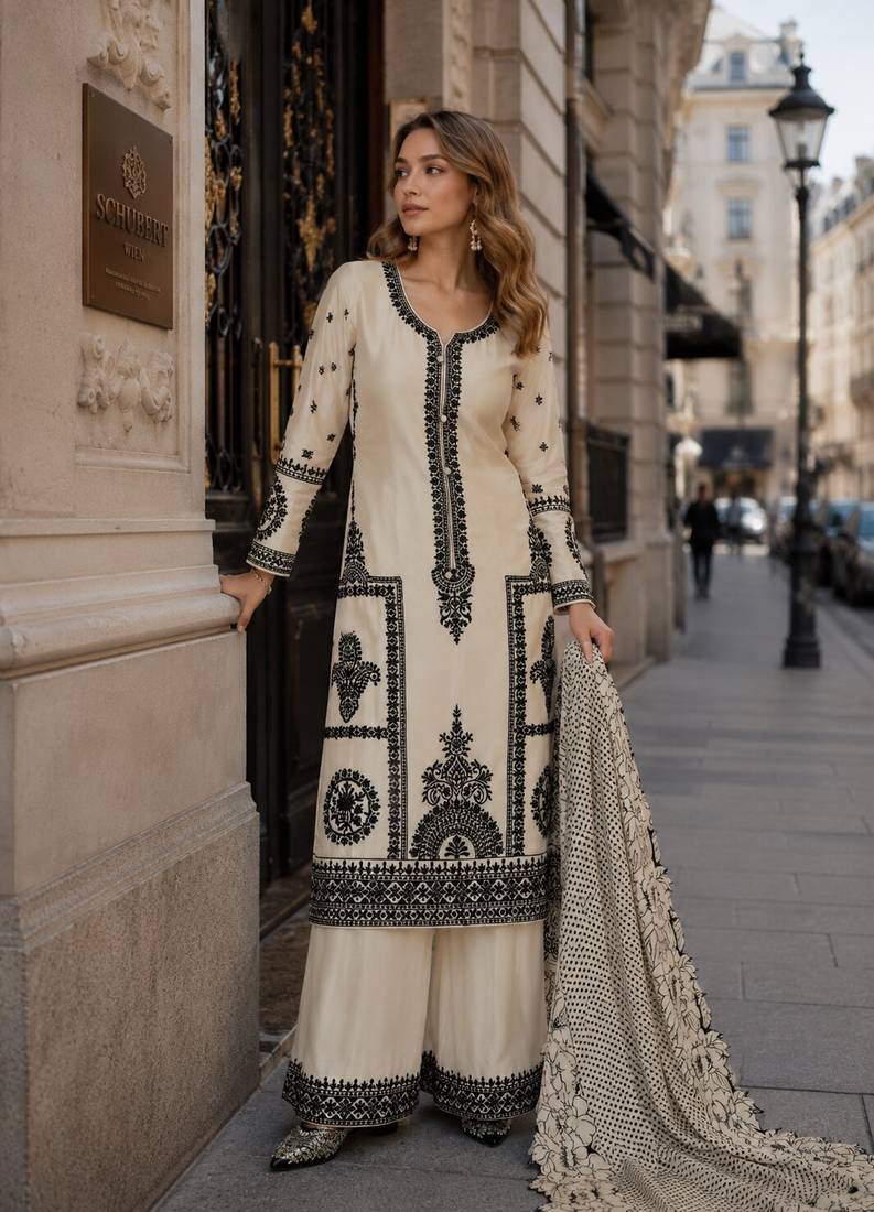 beige embroidered silk blend salwar suit - free size