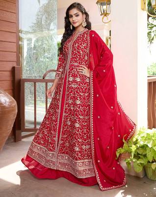 Saahmriga Red Chinon Stitched Top With lehenga and Dupatta 3/4 Sleeve Embroidered Lehenga Set 2