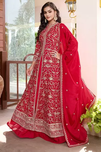 Saahmriga Red Chinon Stitched Top With lehenga and Dupatta 3/4 Sleeve Embroidered Lehenga Set