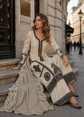 beige embroidered silk blend salwar suit - free size 2