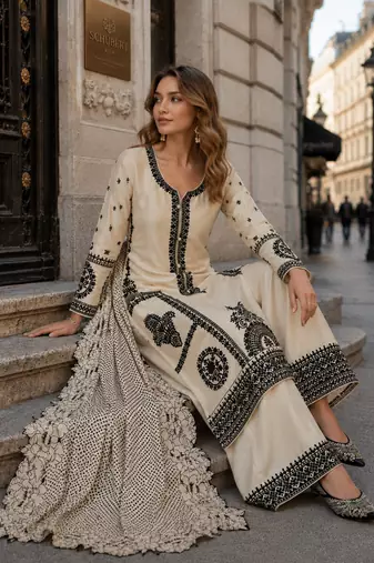 beige embroidered silk blend salwar suit - free size