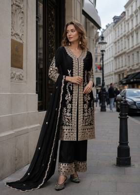 black embroidered silk blend salwar suit - free size 1