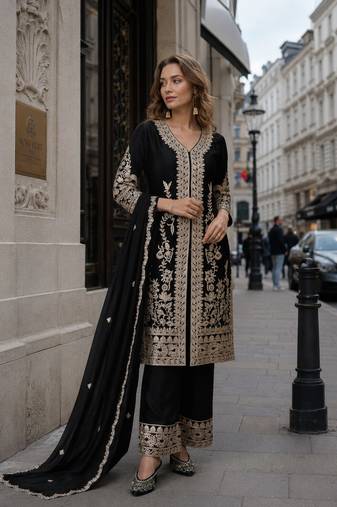 black embroidered silk blend salwar suit - free size