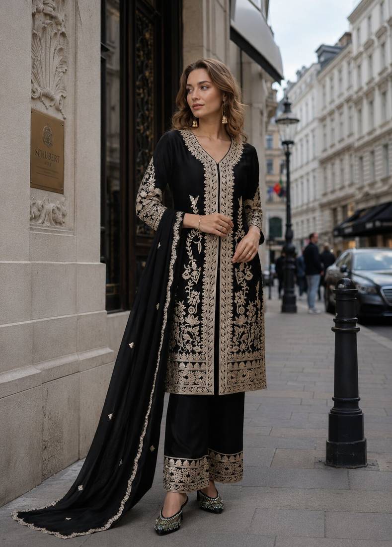 black embroidered silk blend salwar suit - free size