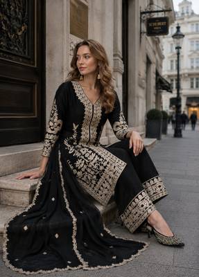black embroidered silk blend salwar suit - free size 2