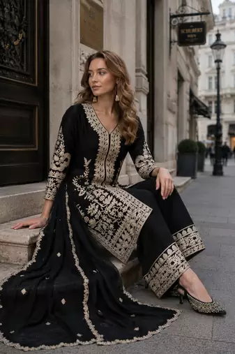 black embroidered silk blend salwar suit - free size