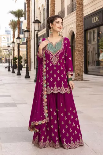 purple embroidered silk blend chiffon salwar suit