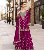 purple embroidered silk blend chiffon salwar suit