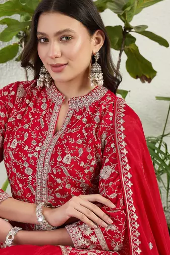 Saahmriga Red Chinon Stitched Top With lehenga and Dupatta 3/4 Sleeve Embroidered Lehenga Set