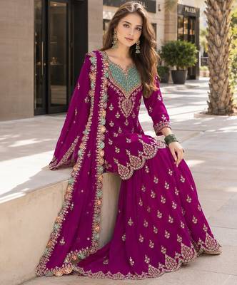 purple embroidered silk blend chiffon salwar suit 2