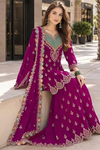 purple embroidered silk blend chiffon salwar suit