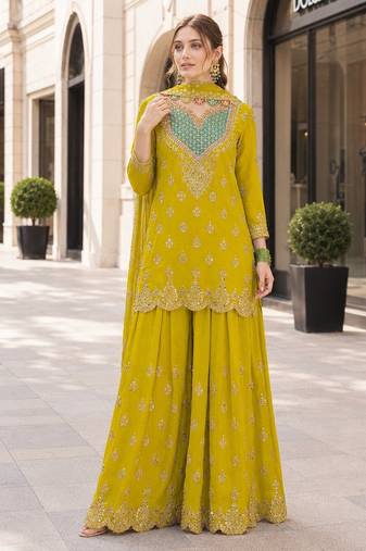 yellow embroidered silk blend chiffon salwar suit