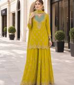 yellow embroidered silk blend chiffon salwar suit