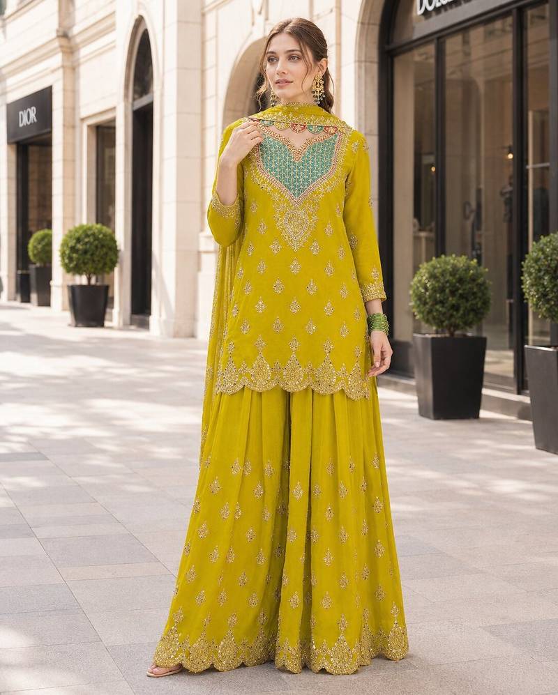 yellow embroidered silk blend chiffon salwar suit