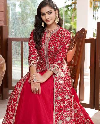 Saahmriga Red Chinon Stitched Top With lehenga and Dupatta 3/4 Sleeve Embroidered Lehenga Set 4